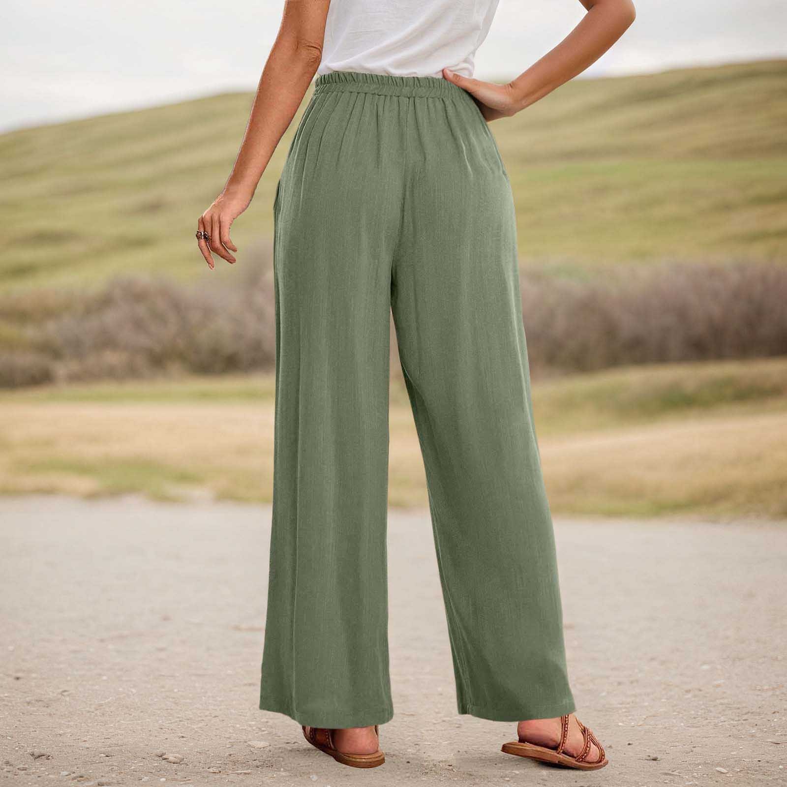 thumbnail image 3 of Pantalones casuales de pierna recta para mujer: bolsillos laterales, mezcla de lino, para todas las estaciones, vacaciones/uso diario, cintura elástica, fácil cuidado., 3 of 6